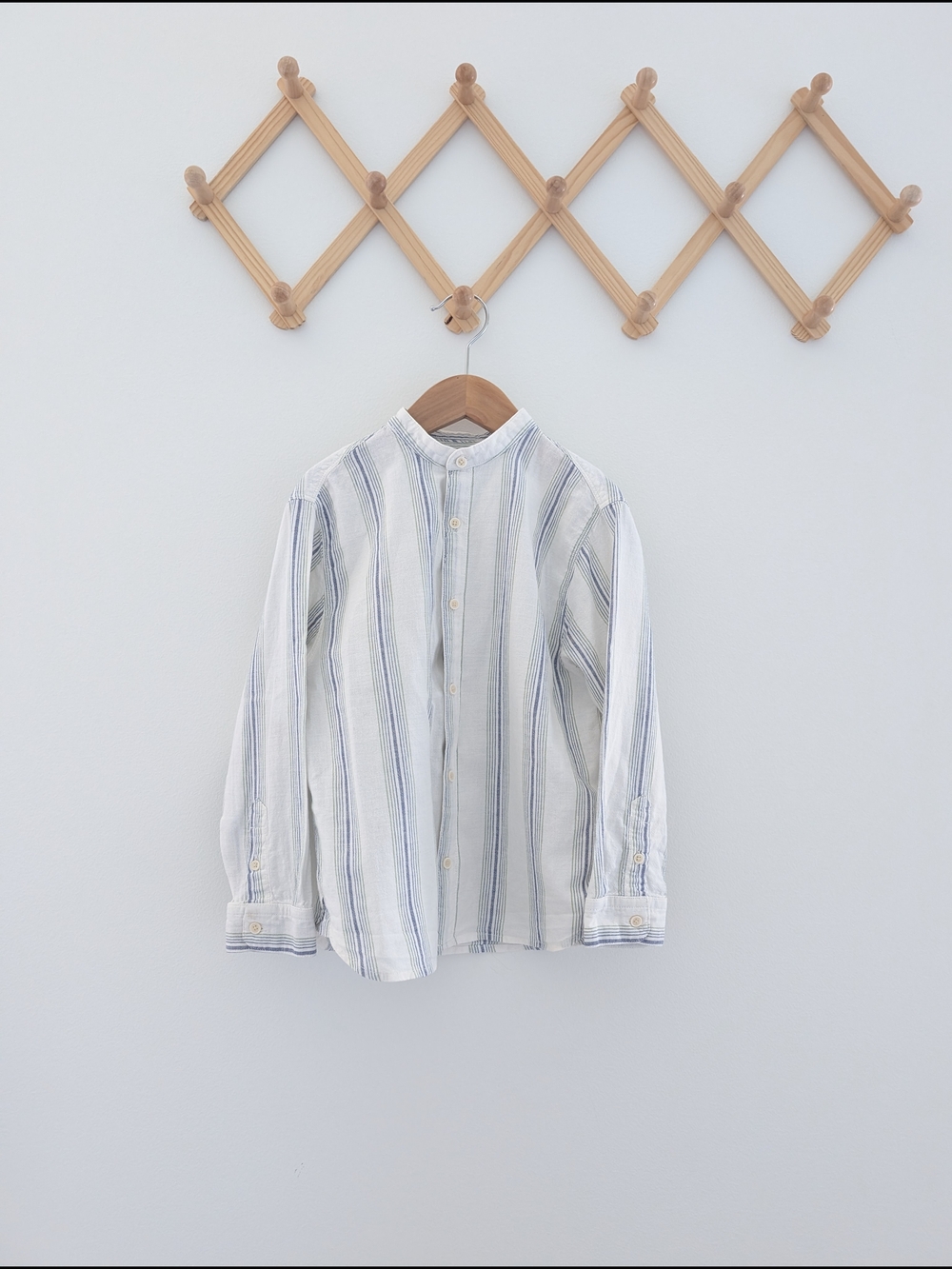 Zara Boys Cotton Linen Striped Blue Green Button Down Shirt Size 6